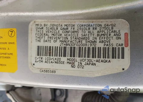 2002 Lexus Ls 430 from USA, damaged, VIN JTHBN30F020081972